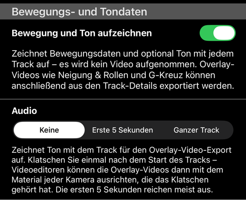 Der Abschnitt „Bewegungs- und Tondaten“: der Schalter „Bewegung und Ton aufzeichnen“ ist an, „Audio“ steht auf „Keine“