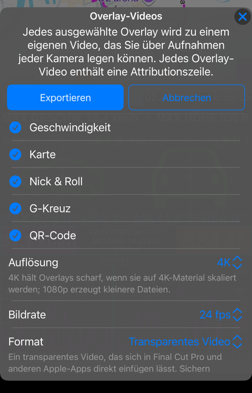 Optionen für Overlay-Videos bei einem Track: „Geschwindigkeit“, „Karte“, „Nick & Roll“, „G-Kreuz“ und „QR-Code“ ausgewählt, darunter „Auflösung“, „Bildrate“ und „Format“