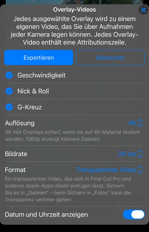 Optionen für Overlay-Videos: die in dieser Aufnahme verfügbaren Overlays, alle ausgewählt, und die Zeile „Auflösung“