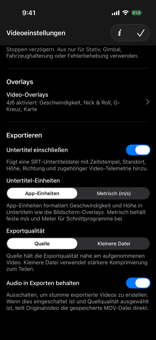 Video-Overlays und Exporteinstellungen für Untertitel, Qualität und Ton