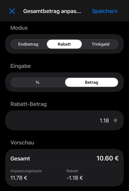 Rabatt als Betrag eingegeben, mit dem umgerechneten Wert