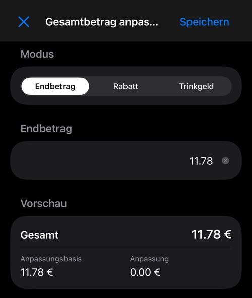 Summe anpassen im Modus Endbetrag, mit Modusauswahl, Betragsfeld und Vorschau
