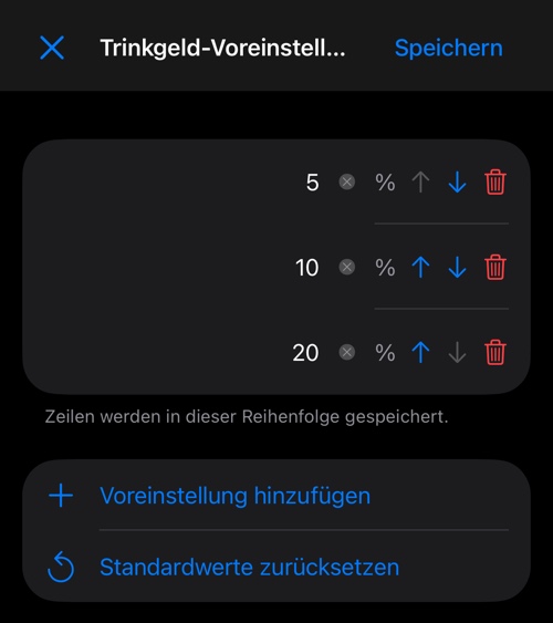 Der Editor für Prozent-Voreinstellungen mit drei Zeilen, Voreinstellung hinzufügen und Standardwerte zurücksetzen