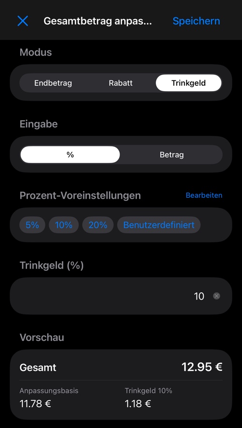 Trinkgeld-Modus mit Prozent-Voreinstellungen, Wertfeld und Vorschau