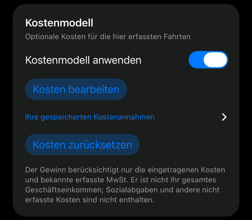 Die Karte Kostenmodell mit gespeicherten Kosten: Kostenmodell anwenden eingeschaltet, Kosten bearbeiten, Ihre gespeicherten Kostenannahmen und Kosten zurücksetzen