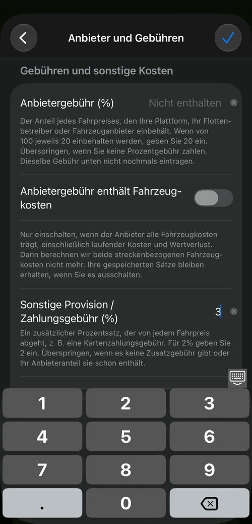 Anbieter und Gebühren: Anbietergebühr, Anbietergebühr enthält Fahrzeugkosten, sonstige Provision / Zahlungsgebühr mit 3 %