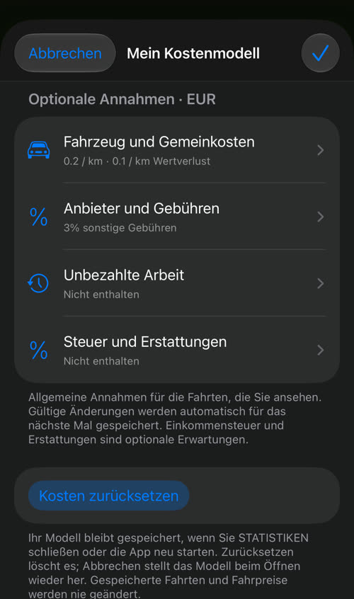 Mein Kostenmodell nach dem Speichern: 0.2 / km laufende Kosten und 0.1 / km Wertverlust, 3% sonstige Gebühren
