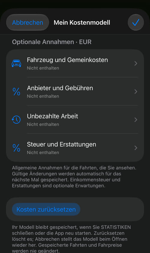 Mein Kostenmodell: Fahrzeug und Gemeinkosten, Anbieter und Gebühren, Unbezahlte Arbeit sowie Steuer und Erstattungen, alle Nicht enthalten