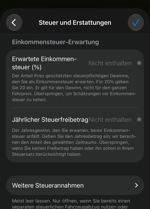 Steuer und Erstattungen: erwartete Einkommensteuer, jährlicher Steuerfreibetrag und die Schaltfläche Weitere Steuerannahmen
