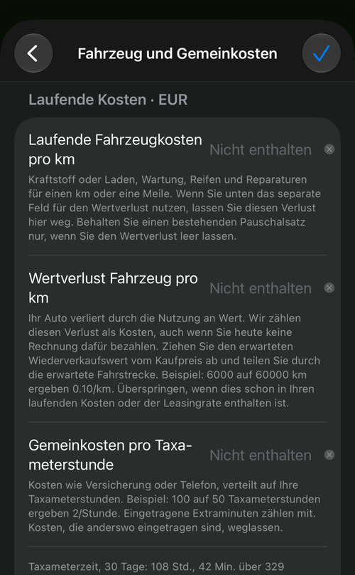 Fahrzeug und Gemeinkosten: laufende Fahrzeugkosten pro km, Wertverlust Fahrzeug pro km und Gemeinkosten pro Taxameterstunde, darunter die Taxameterzeit des gewählten Zeitraums
