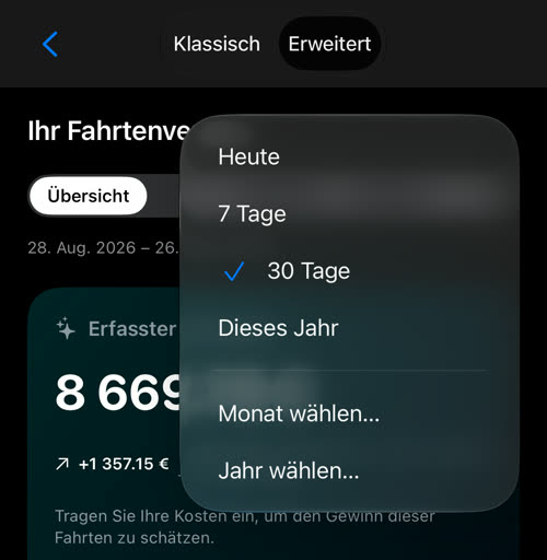 Das Zeitraum-Menü: Heute, 7 Tage, 30 Tage, Dieses Jahr, Monat wählen und Jahr wählen