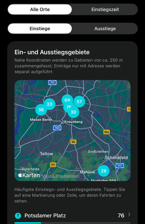 Ein- und Ausstiegsgebiete: nummerierte Markierungen auf einer Berliner Karte, vorn Potsdamer Platz mit 76 Einstiegen