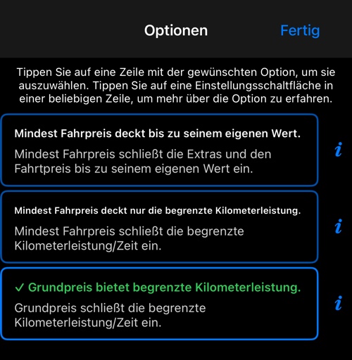 Die drei Optionen dafür, was der Grund- oder Mindestfahrpreis enthält, diese ist ausgewählt
