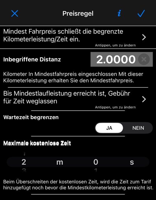 Mindest Fahrpreis deckt nur die begrenzte Kilometerleistung. — Preisregel