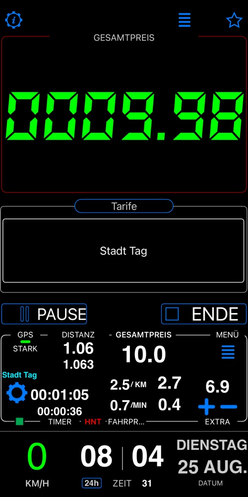 Das Dashboard in diesem Modus, bei laufendem Taxameter