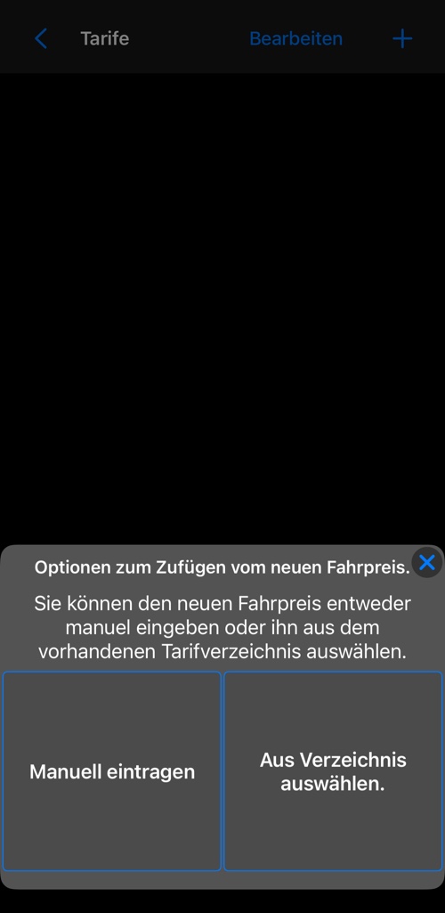 Optionen zum Zufügen vom neuen Fahrpreis: manuell eintragen oder aus dem Verzeichnis auswählen