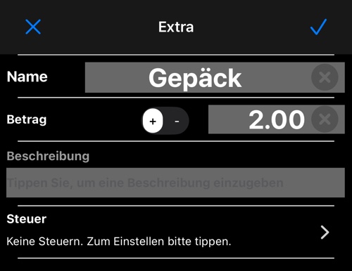 Bildschirm zum Bearbeiten des Extras mit dem Namen Gepäck und dem Betrag 2,00