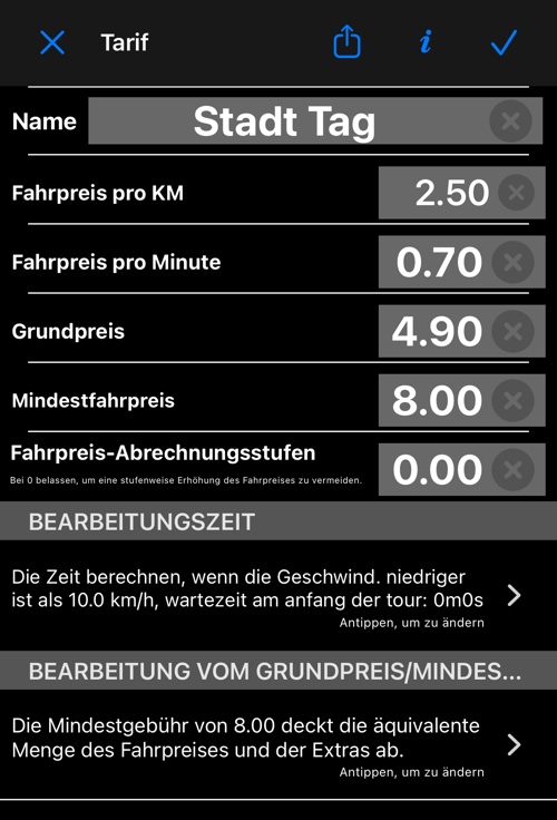 Bildschirm zum Bearbeiten des Tarifs mit Name, Fahrpreis pro KM, Fahrpreis pro Minute, Grundpreis, Mindestfahrpreis und Abrechnungsstufen
