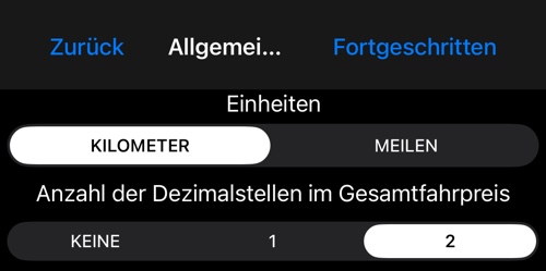 Bildschirm Allgemeine Einstellungen mit der Wahl zwischen Kilometern und Meilen und der Zahl der Nachkommastellen