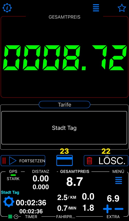 Hauptbildschirm nach dem Beenden der Tour mit den Tasten Fortsetzen, Beleg und Löschen, markiert mit 22 und 23