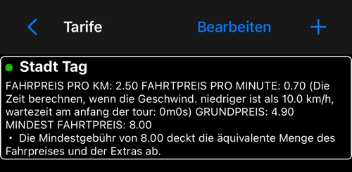 Tarifliste mit einem Tarif, der durch einen grünen Punkt als aktiv markiert ist