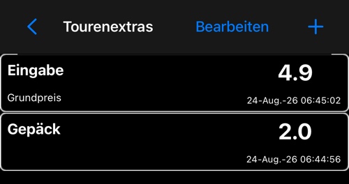Liste der Tourenextras mit den Einträgen Gepäck und Grundpreis