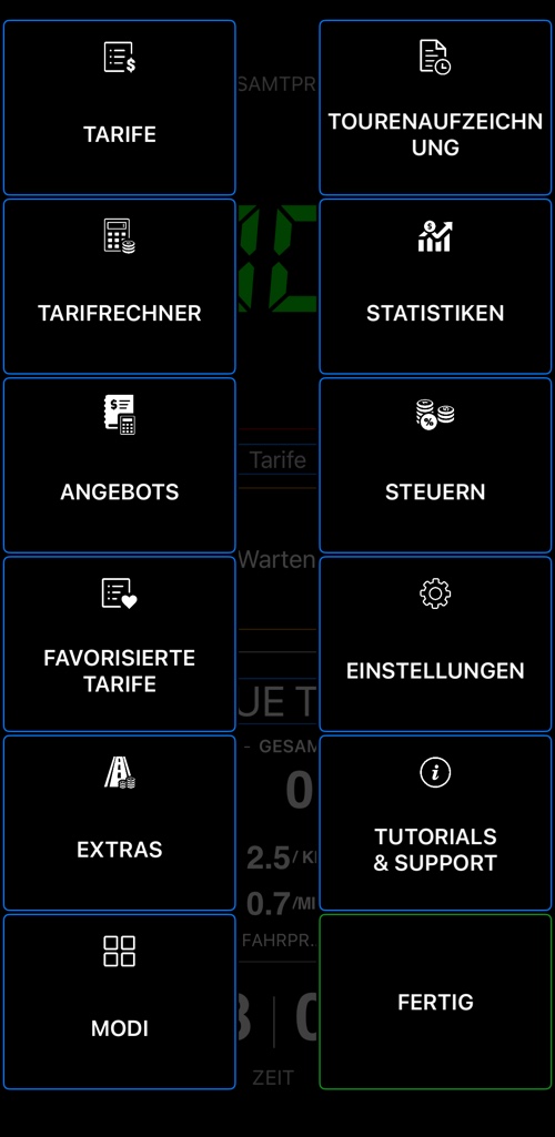 Das Menü von Taxameter 55 mit Tarifen, Tarifrechner, Angeboten, favorisierten Tarifen, Extras, Modi, Tourenaufzeichnung, Statistiken, Steuern, Einstellungen und Support