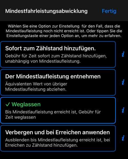 Die vier Optionen für den Zeitpreis, bevor die inbegriffene Distanz erreicht ist