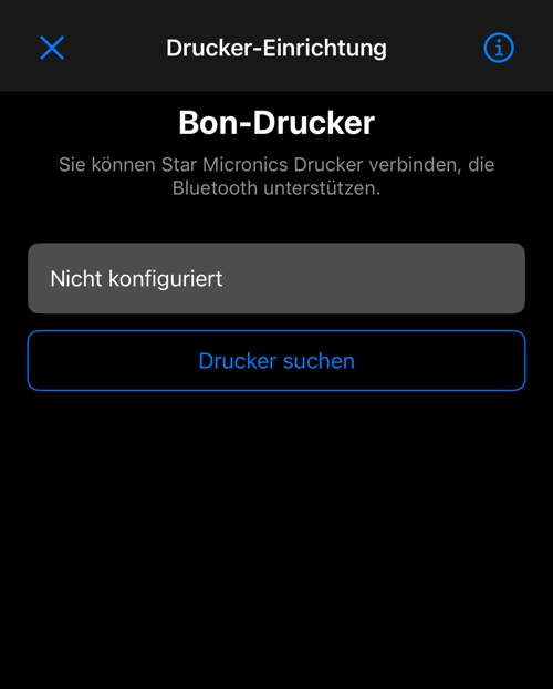 Der Drucker-Einrichtungsbildschirm unter iOS: Druckerstatus, unterstützte Modelle und eine Taste zum Suchen