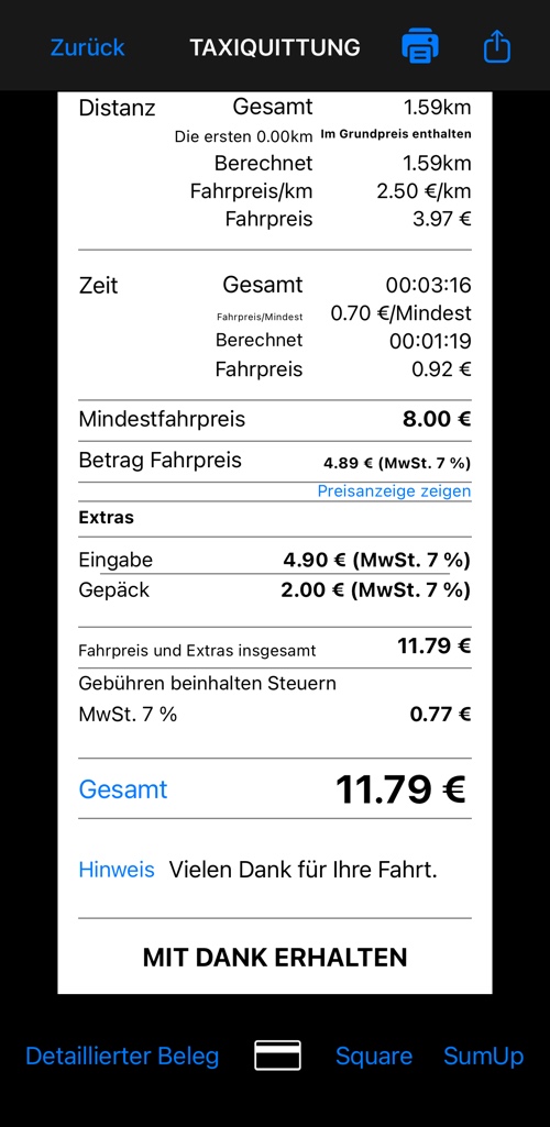 Der mittlere Teil: Streckenentgelt, Zeitentgelt, Fahrpreissumme und die Liste der Extras