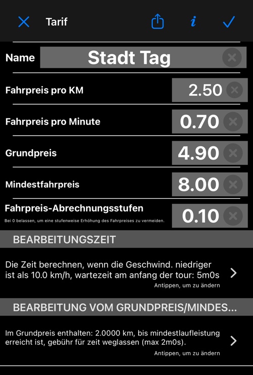 Der Tarif-Editor mit Name, Preisen, Grundpreis, Mindestfahrpreis, Abrechnungsstufen und den beiden Regelzeilen