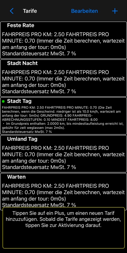 Die Tarifliste, jede Zeile fasst einen ganzen Tarif zusammen, der aktive ist markiert