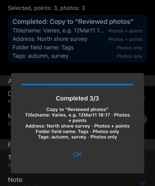 Completed 3/3 progress panel after the selected photos and points were copied