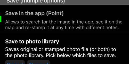 The save destinations; the copies that leave the app each have their own Original and Stamped choice