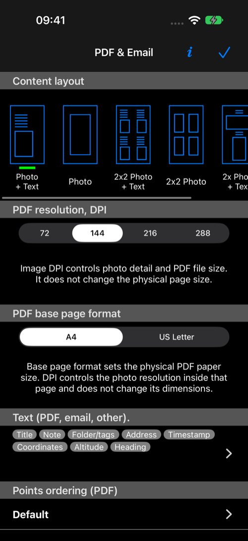 PDF and Email settings with content layouts, DPI, A4 and US Letter, text fields, and point ordering