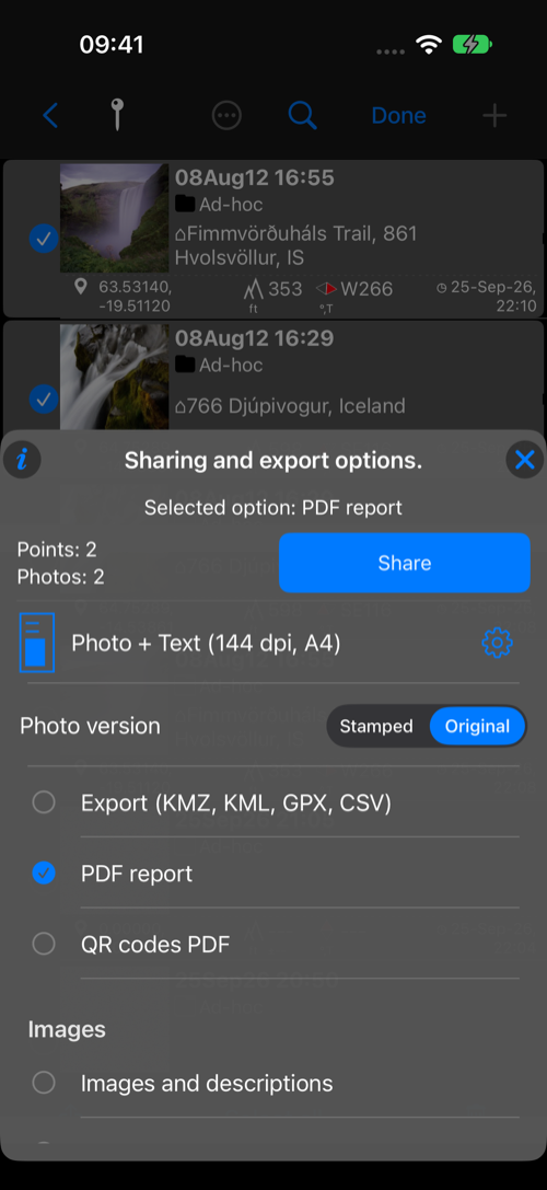 The PDF report option with a page-layout preview, paper size, DPI, and settings button