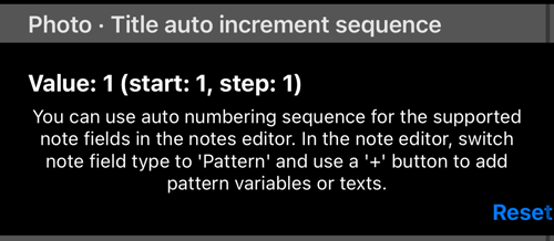 Title auto increment sequence: the current value and the Reset button
