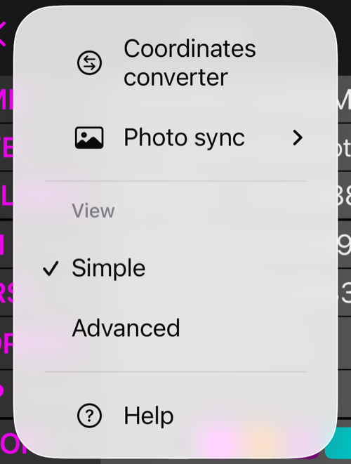 The point editor&rsquo;s More menu: Coordinates converter, Photo sync, the View section with Simple checked and Advanced beneath it, and Help