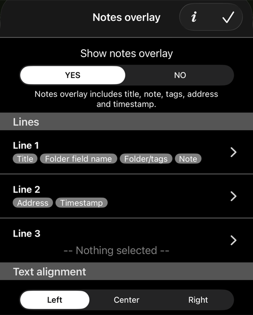 Current Notes overlay settings with the timestamp selected on line 2