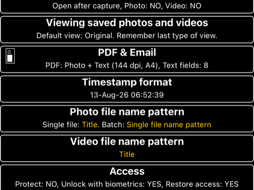 Settings rows for Timestamp format, Photo file name pattern, and Video file name pattern
