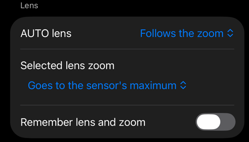 Viewfinder controls settings: the Lens section with the AUTO lens setting and Remember lens and zoom