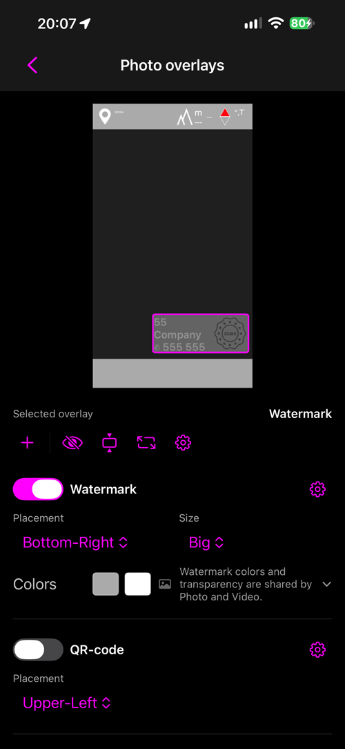 The photo overlay layout, with the Watermark selected in the frame