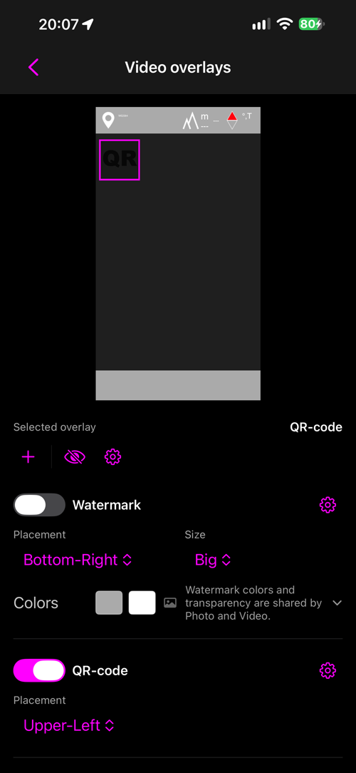 The video overlay layout, with the Watermark switched off and the QR code on