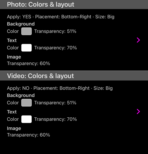Photo and Video each with their own Apply, Placement and Size summary