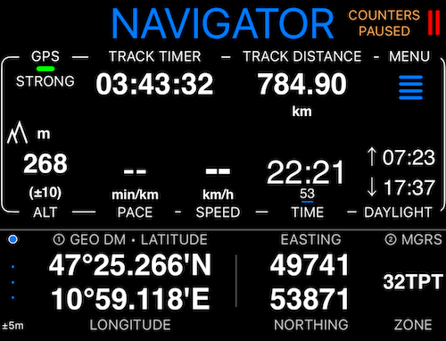 Dual coordinates panel showing Geo DM and MGRS side by side