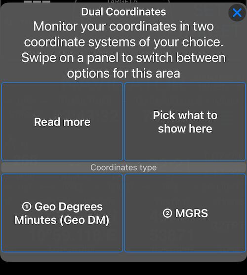 Options menu for dual coordinates