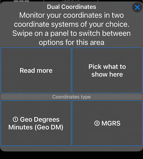 Options menu for dual coordinates