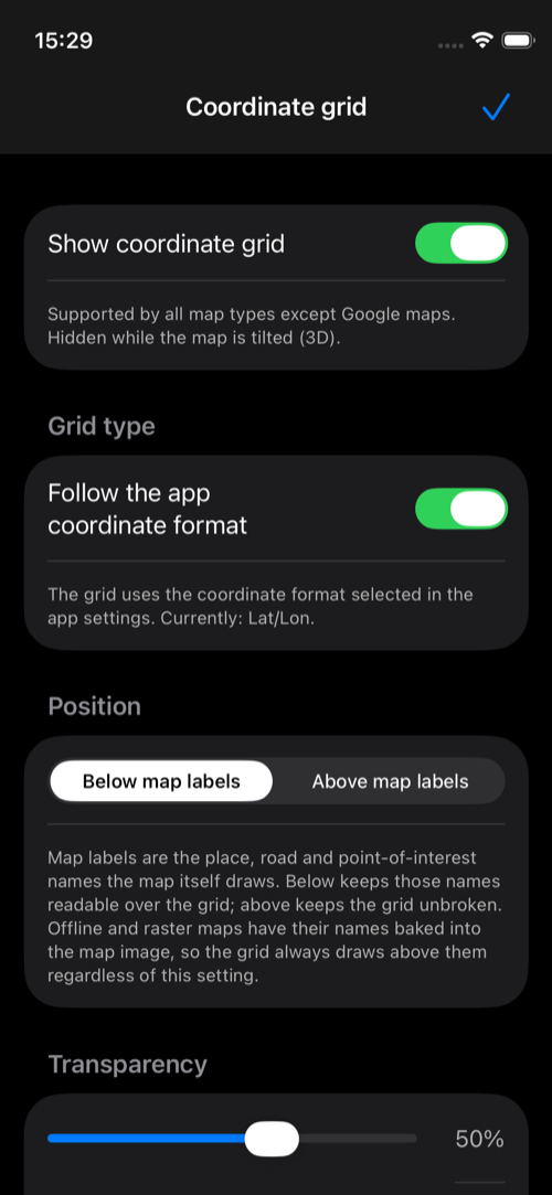Coordinate grid settings with the grid enabled, automatic format following, label position, and transparency