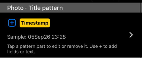 The Title pattern section: the pattern row, a live Sample, and the hint