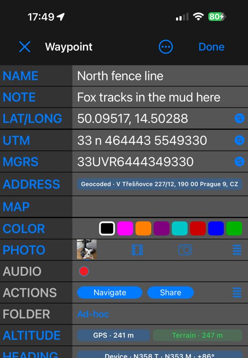 The waypoint editor in Advanced view, with Altitude, Heading and Course at the bottom of the list